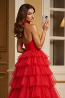 Load image into Gallery viewer, Red A Line Tulle Halter Long Prom Dress with Slit