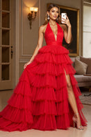Load image into Gallery viewer, Red A Line Tiered Halter Long Tulle Prom Dress with Slit