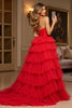 Load image into Gallery viewer, Red A Line Tiered Halter Long Tulle Prom Dress with Slit