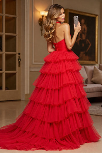 Red A Line Tiered Halter Long Tulle Prom Dress with Slit