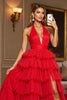 Load image into Gallery viewer, Red A Line Tiered Halter Long Tulle Prom Dress with Slit