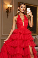 Load image into Gallery viewer, Red A Line Tiered Halter Long Tulle Prom Dress with Slit