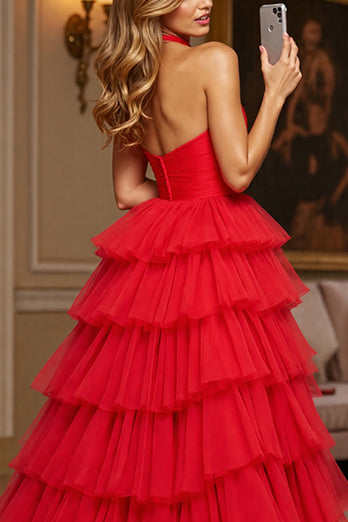Red A Line Tiered Halter Long Tulle Prom Dress with Slit