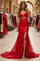 Load image into Gallery viewer, Red Mermaid Long Lace Prom Dress with Slit