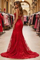 Load image into Gallery viewer, Red Mermaid Long Lace Prom Dress with Slit