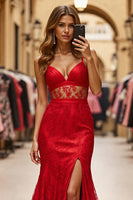 Load image into Gallery viewer, Red Mermaid Long Lace Prom Dress with Slit