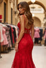Load image into Gallery viewer, Red Mermaid Long Lace Prom Dress with Slit