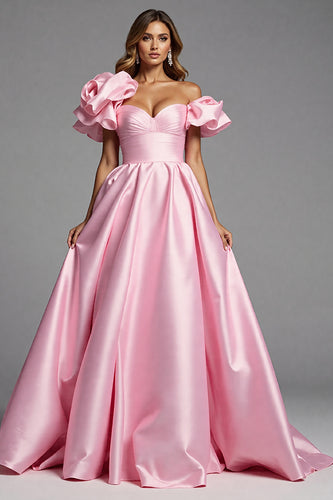 Pink Satin A Line Long Prom Dress with Ruffles