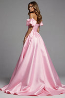 Load image into Gallery viewer, Pink Satin A Line Long Prom Dress with Ruffles