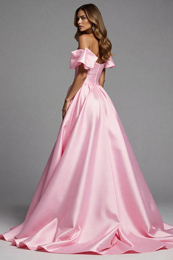 Pink Satin A Line Long Prom Dress with Ruffles