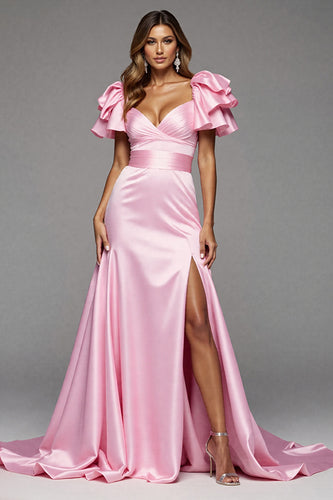 Pink Satin Ruffled Mermaid Long Prom Dress with Slit