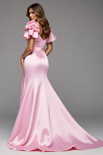 Pink Satin Ruffled Mermaid Long Prom Dress with Slit