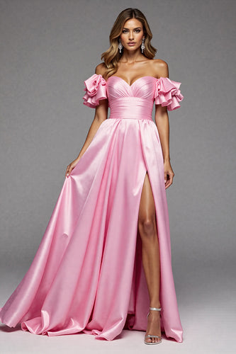 Pink A Line Satin Ruffled Long Prom Dress with Slit