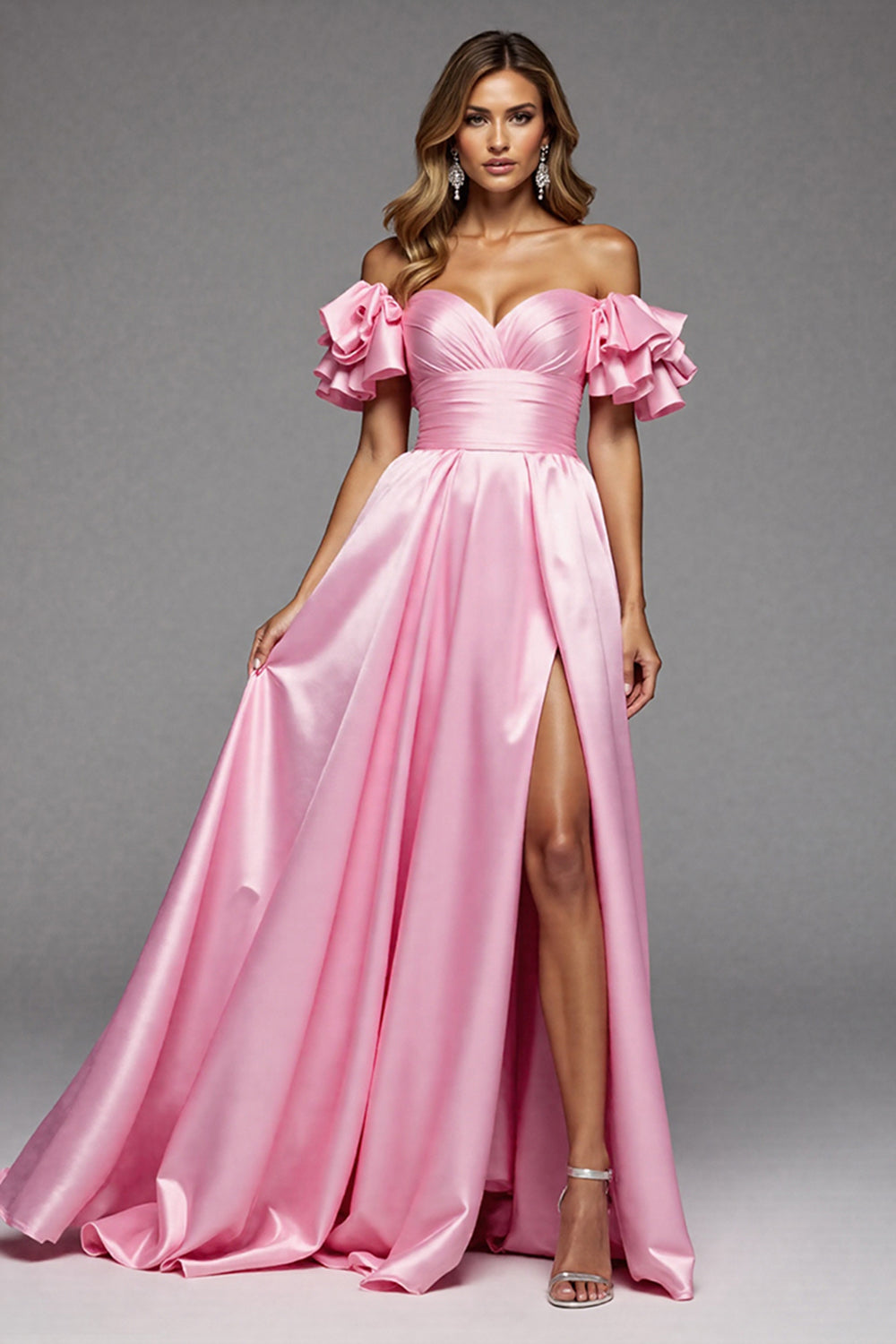 Pink A Line Satin Ruffled Long Prom Dress with Slit