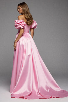 Pink A Line Satin Ruffled Long Prom Dress with Slit