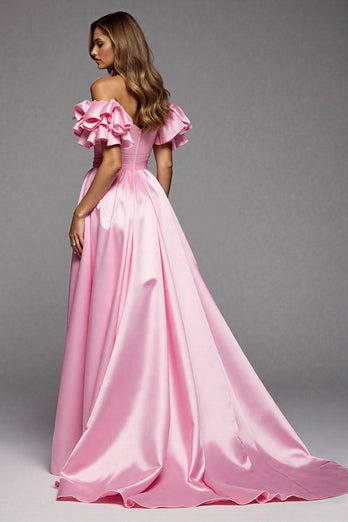 Pink A Line Satin Ruffled Long Prom Dress with Slit