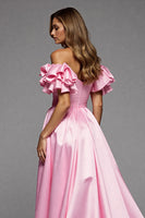 Load image into Gallery viewer, Pink A Line Satin Ruffled Long Prom Dress with Slit