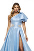 Load image into Gallery viewer, Blue Satin A Line Ruffled Long Prom Dress with Slit