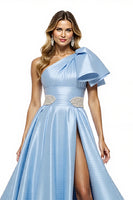 Load image into Gallery viewer, Blue Satin A Line Ruffled Long Prom Dress with Slit