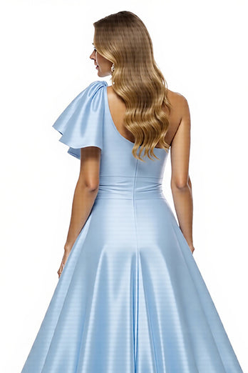 Blue Satin A Line Ruffled Long Prom Dress with Slit