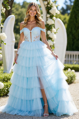 Blue Tulle A Line Off the Shoulder Long Prom Dress with Slit
