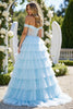 Load image into Gallery viewer, Blue Tulle A Line Off the Shoulder Long Prom Dress with Slit