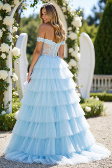 Blue Tulle A Line Off the Shoulder Long Prom Dress with Slit