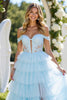 Load image into Gallery viewer, Blue Tulle A Line Off the Shoulder Long Prom Dress with Slit