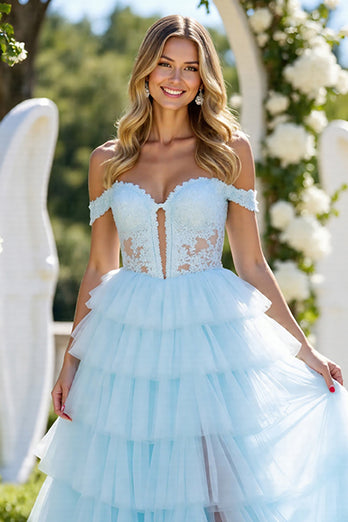 Blue Tulle A Line Off the Shoulder Long Prom Dress with Slit