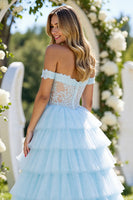 Load image into Gallery viewer, Blue Tulle A Line Off the Shoulder Long Prom Dress with Slit
