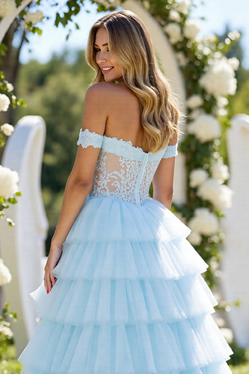 Load image into Gallery viewer, Blue Tulle A Line Off the Shoulder Long Prom Dress with Slit