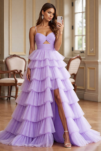 Purple Tulle A Line Spaghetti Straps Long Prom Dress with Slit