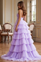 Load image into Gallery viewer, Purple Tulle A Line Spaghetti Straps Long Prom Dress with Slit