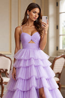 Load image into Gallery viewer, Purple Tulle A Line Spaghetti Straps Long Prom Dress with Slit