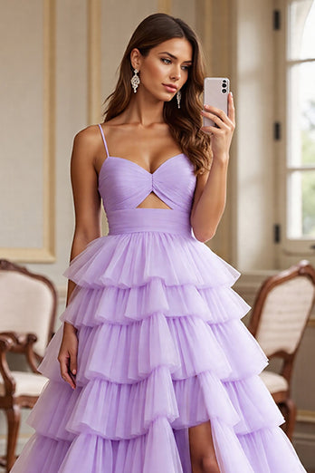 Purple Tulle A Line Spaghetti Straps Long Prom Dress with Slit