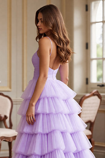 Purple Tulle A Line Spaghetti Straps Long Prom Dress with Slit