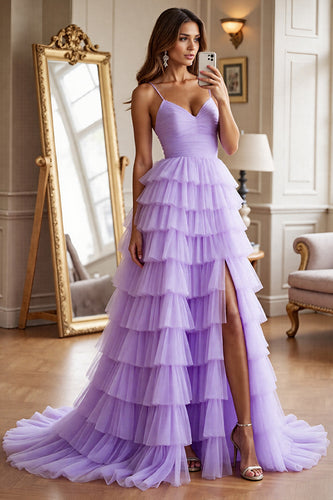 Purple Tulle A Line Tiered Long Prom Dress with Slit