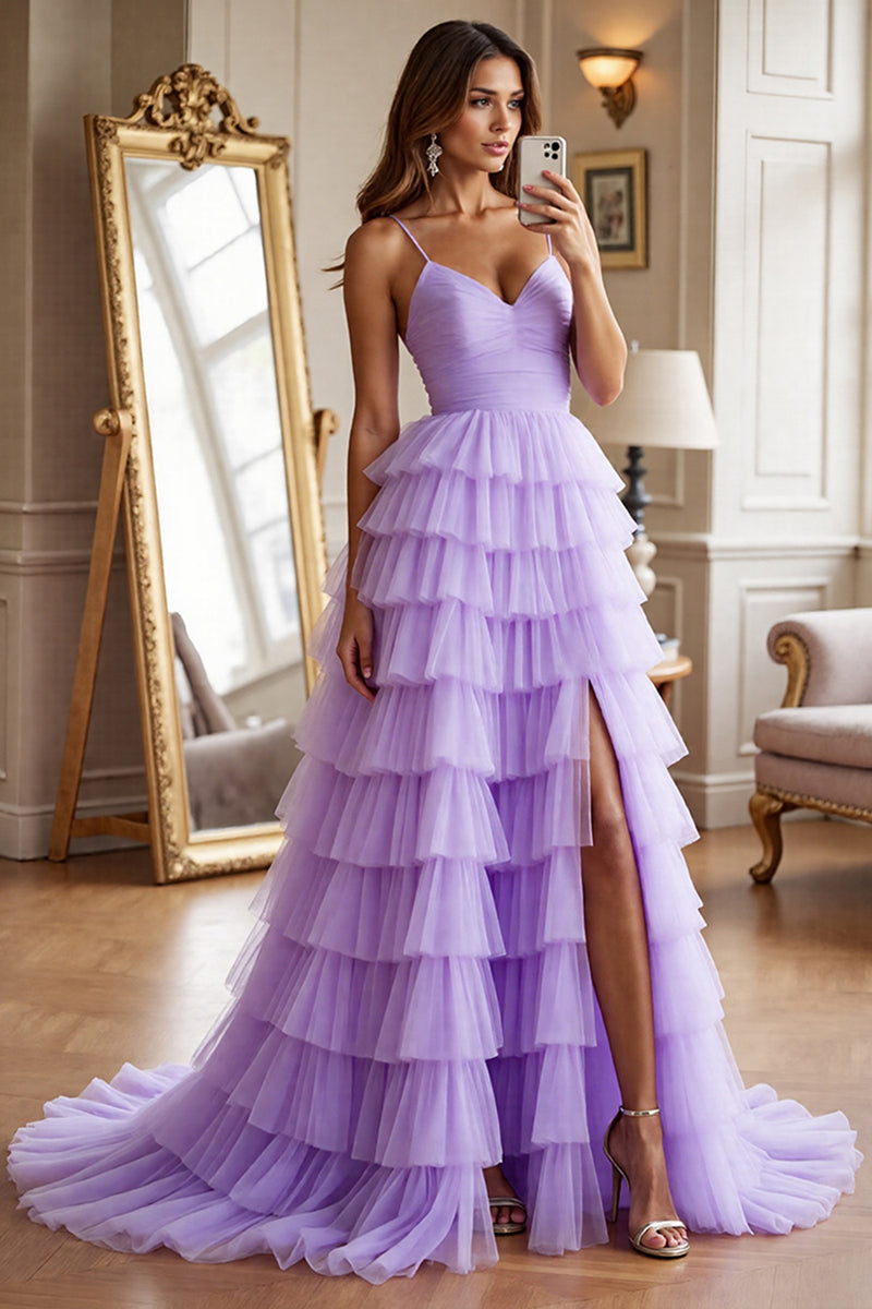 Load image into Gallery viewer, Purple Tulle A Line Tiered Long Prom Dress with Slit