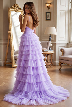 Purple Tulle A Line Tiered Long Prom Dress with Slit