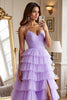 Load image into Gallery viewer, Purple Tulle A Line Tiered Long Prom Dress with Slit