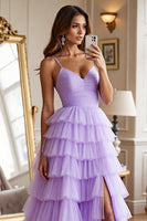 Load image into Gallery viewer, Purple Tulle A Line Tiered Long Prom Dress with Slit