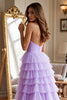 Load image into Gallery viewer, Purple Tulle A Line Tiered Long Prom Dress with Slit