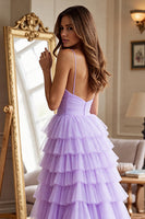 Load image into Gallery viewer, Purple Tulle A Line Tiered Long Prom Dress with Slit