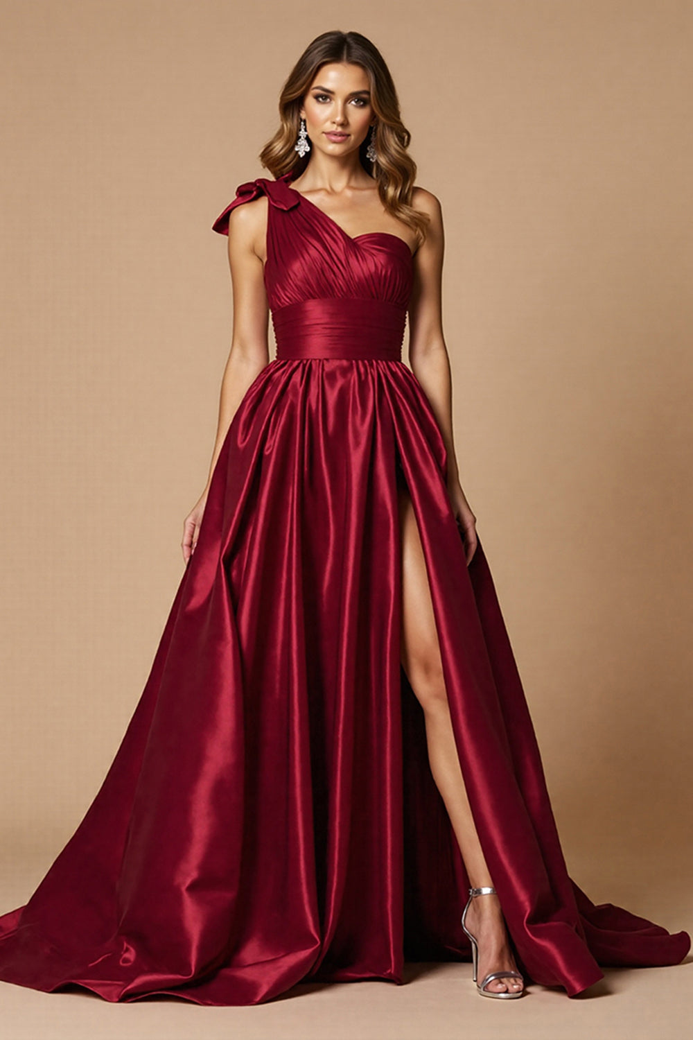 Burgundy A Line Satin One Shoulder Long Prom Dress with Slit