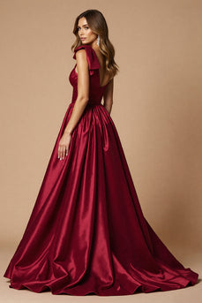 Burgundy A Line Satin One Shoulder Long Prom Dress with Slit