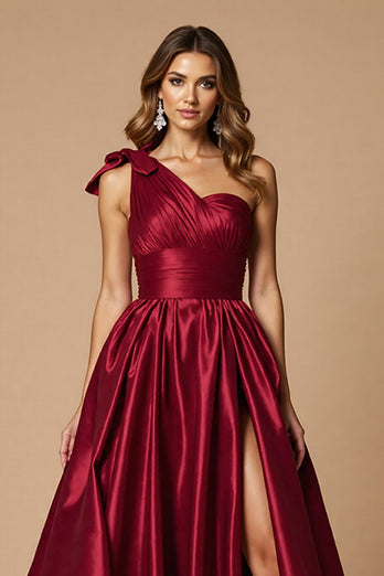 Burgundy A Line Satin One Shoulder Long Prom Dress with Slit