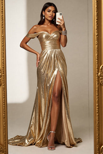 Golden Metallic A Line Long Prom Dress with Slit