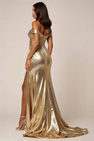 Load image into Gallery viewer, Golden Metallic A Line Long Prom Dress with Slit
