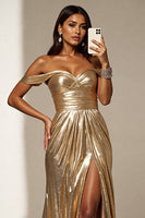 Load image into Gallery viewer, Golden Metallic A Line Long Prom Dress with Slit