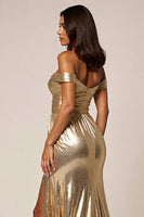 Load image into Gallery viewer, Golden Metallic A Line Long Prom Dress with Slit